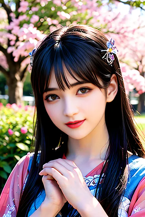 beautiful detailed eyes, beautiful detailed lips, long eyelashes, youthful appearance, trendy hairstyle, confident posture, surrounded by blooming flowers in a vibrant garden, warm sunlight shining down, joyful expression, lively atmosphere, high-resolutio...