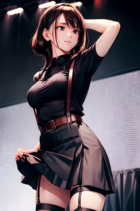 Black skirt, 　suspenders, Brown hair Gray eyes, Garter belt on the legs, Tight black clothes, 　　 a belt　Armpit sweat　　Dark look　Moderately breasts　holster　chain　　poneyTail