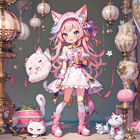 Cute girl with cat ears、（Alone 1.4）、Japan anime style、Moe、（Full Picture 2.0）、Authentic and highly detailed body、小柄、girl with、childish、10yaers old、length hair、bangss、A pink-haired、Authentic and highly detailed face、beautiful eyes that are authentic and high...