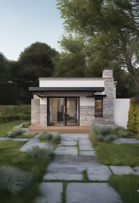 Single story, bungalow, Irish house, front view, about 86 square meters, slate roof, single front door, windows on either side, wide open front yard, surrounded by stone wall