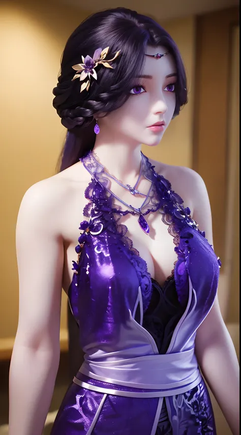 A beautiful and sexy 20 year old girl, extremely sexy girl in a thin purple dress with push-up breasts, the dress is made of purple silk with sexy lace trim, long purple hair and bangs, hair jewelry most detailed and beautiful, ((wearing purple lace neckla...