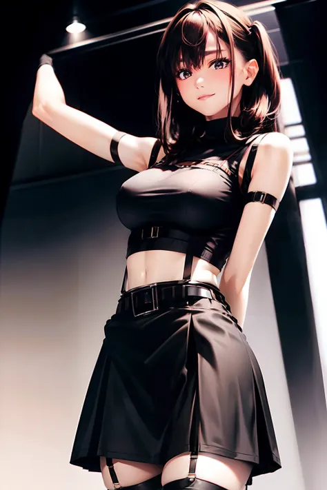 Black skirt, 　suspenders, Brown hair Gray eyes, Garter belt on the legs, Tight black clothes, 　　 a belt　Armpit sweat　　Dark look　Moderately breasts　holster　chain　　poneyTail