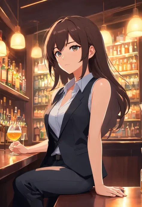 mature female with dark brown long hair, Wear a black business vest, wear black business pants, assis au bar, Lampes UV