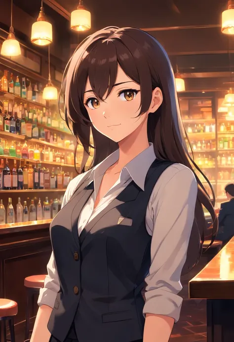 mature female with dark brown long hair, Wear a black business vest, wear black business pants, assis au bar, Lampes UV