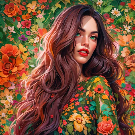 a painting of a woman in a floral dress with long hair, in style of digital illustration, beautiful art uhd 4 k, Megan Fox red lips, green eyes colorful portrait, beautiful gorgeous digital art, stunning digital illustration, gorgeous digital art, colorful...