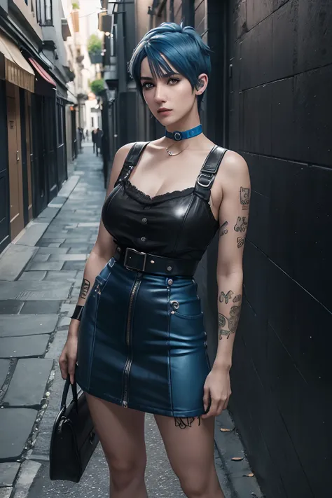 1 woman, (standing), (full body), European, realistic photo, (30 years), ((undercut blue hair)), (emo blue hair), undercut hair, (big nose), adult lady, mature lady, (black eye-liner), ((dark eyes)), ((light Blue Hair)), ((undercut Hair)), (black choker), ...