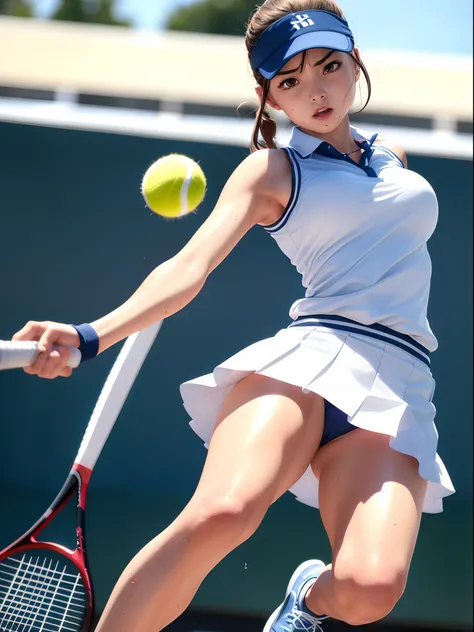 (8K, Raw photo, Best Quality, masutepiece:1.2), (Realistic, Photorealsitic:1.37),1 girl,Beautiful,Powerful, (Solo),A detailed face, Dramatic Angle,
Tennis uniform skirt ,Sports, Look away,Sporty,Wet skin,Sweat,Large breasts,nice legs,Tennis venues,