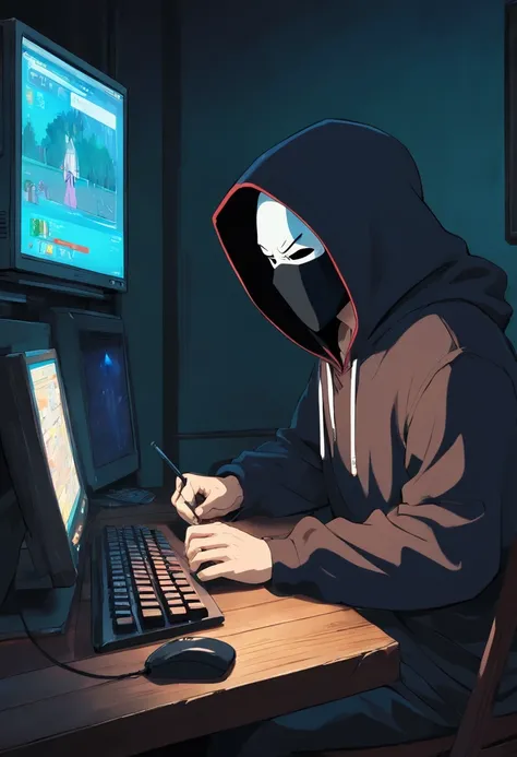 A man without a face in a black hood streams a game on a computer in a dark, empty room