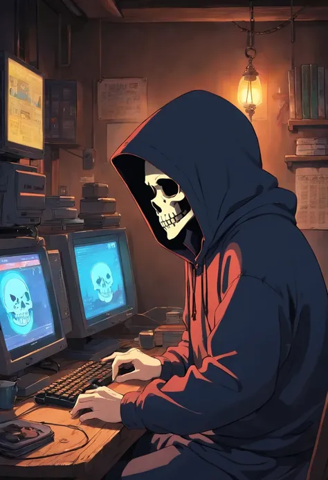 A man with a skull mask in a black hood streams a game on a computer in a very dark room