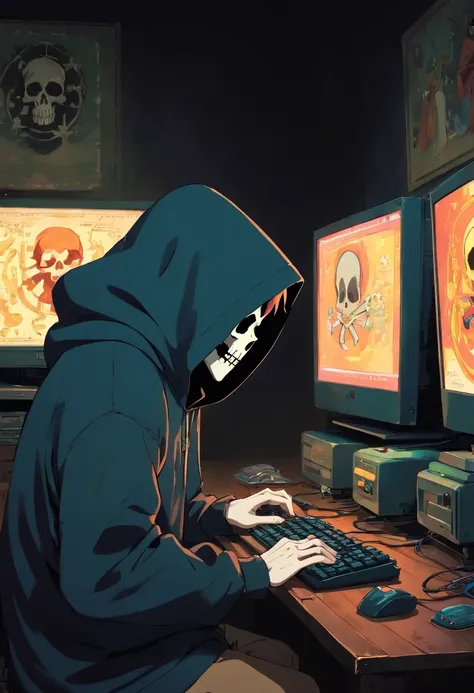 A man with a skull mask in a black hood streams a game on a computer in a very dark room