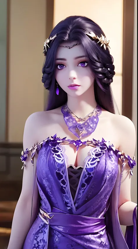 A beautiful and sexy 20 year old girl, extremely sexy girl in a thin purple strapless nightgown, a nightgown made of purple silk with sexy lace trim, long hair and purple bangs , most detailed and beautiful hair jewelry, ((wearing purple lace necklace:1.6)...