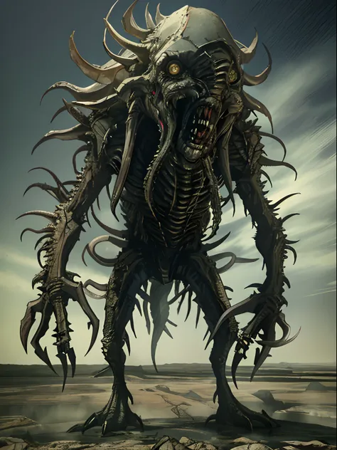 Photography of nightmarish monster fusion, Twisted into a grotesque and disturbing creature. Its limbs are twisted and mismatched, Serrated teeth protrude from the deformed head. This creature stands on a desolate wasteland, It is surrounded by jagged rock...