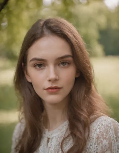 with young woman standing alone in a park, in the style of naturalist aesthetic, sovietwave, sony fe 85mm f/1.4 gm, intense close-ups, goosepunk, close-up, serene faces