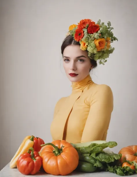 flower and vegetable by michel khan for stocksy united, in the style of surrealistic poses, sculptural and bold, quirky portraits, feminine sensibilities, made of cheese, flickr, juxtapositions extraordinaire