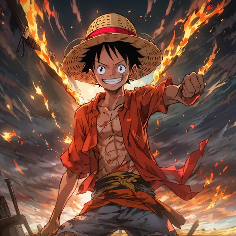 1boys, wanostyle, monkey d luffy, Smiling, Straw hat, look viewer, 独奏, Upper body, ((masterpiece)), (Best quality), (Extremely detailed), Depth of field, sketch, dark intensive shadows, Sharp focus quality, hdr, Colorful, Good composition, There were fires...