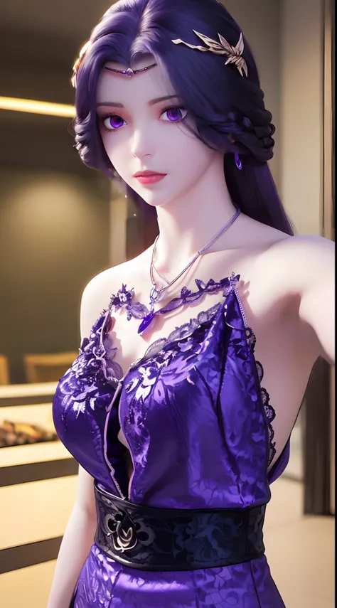 A beautiful and sexy 20 year old girl, extremely sexy girl in a thin purple strapless nightgown, a nightgown made of purple silk with sexy lace trim, long hair and purple bangs , most detailed and beautiful hair jewelry, ((wearing purple lace necklace:1.6)...