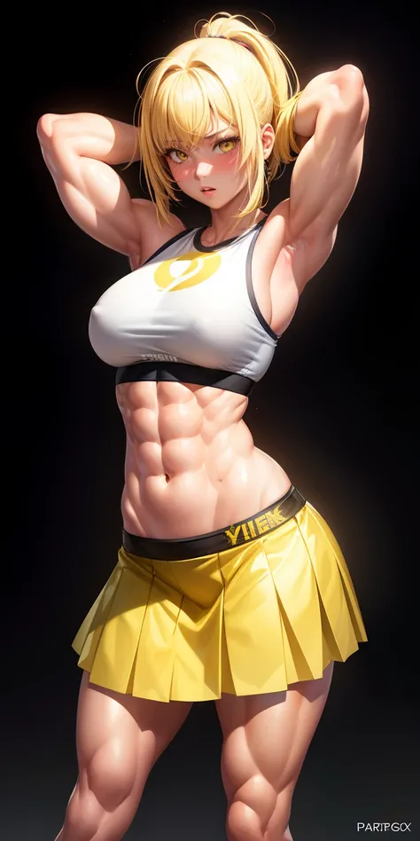 realistic, 1girl, yellow hair, yellow eyes, glowing eyes, skirt, parted lips, blush, gym, abs, muscles, biceps