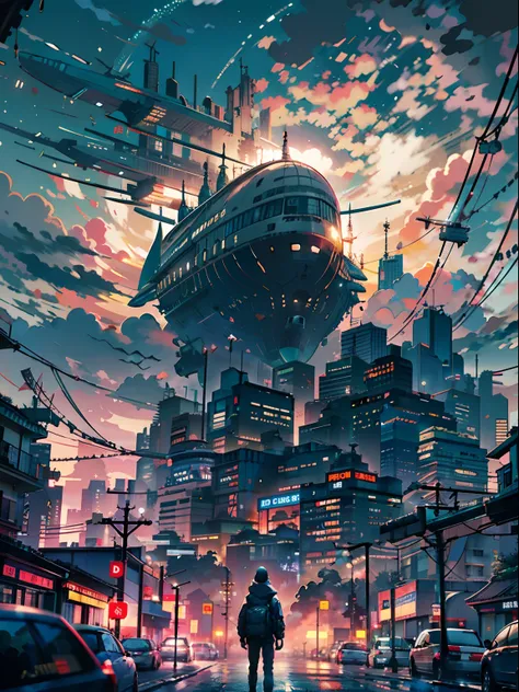 1boy,a 13 yo boy、Cyberpunk Boy、katanas,machine gun、Whole body bloody、The beginning of the adventure、Lots of clouds,heavy fog、starrysky、Moon,Chaotic city of the future、Movie dystopia、(Giant airship:1.5)、A group of very tall skyscrapers stands in the center、...