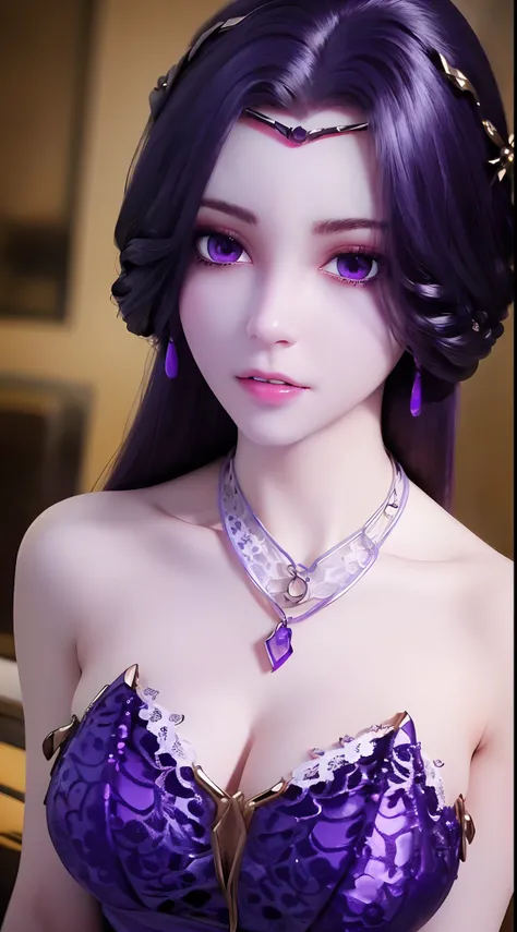 A beautiful and sexy 20 year old girl, extremely sexy girl in a thin purple strapless nightgown, a nightgown made of purple silk with sexy lace trim, long hair and purple bangs , most detailed and beautiful hair jewelry, ((wearing purple lace necklace:1.6)...