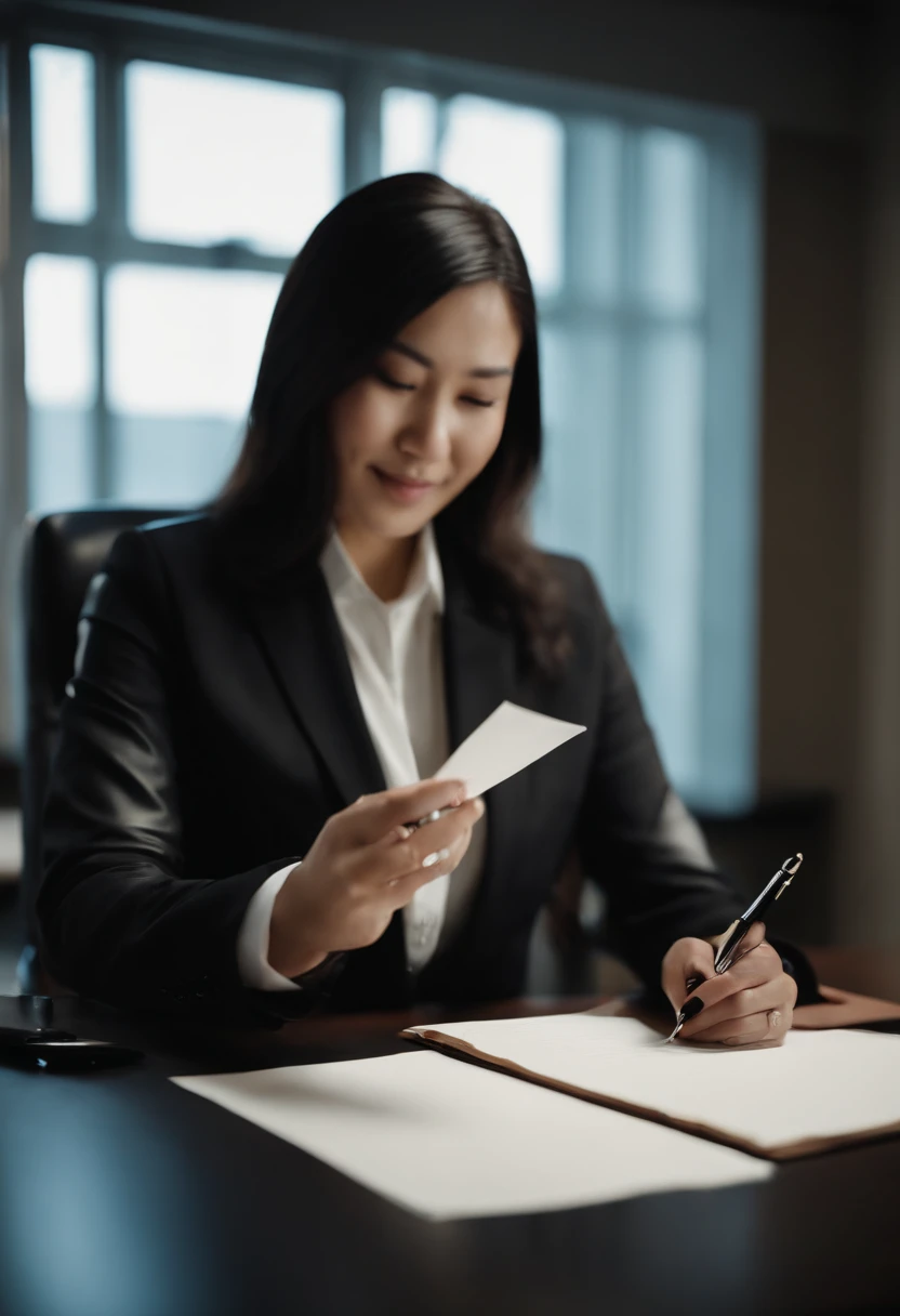 Wearing black leather gloves in both hands, upper body, black business suit, facing the desk in the modern study in the dark, looking down, smiling, writing a letter using a fountain pen, long, straight black hair, young and cute face Japanese female new e...