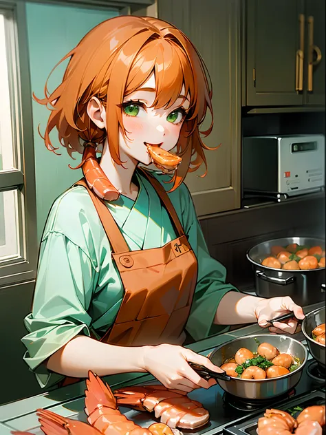 (1girl in、独奏、Competing Art、Orange hair、Green eyes、Laugh、Cooking in the kitchen、Eating shrimp on a plate)