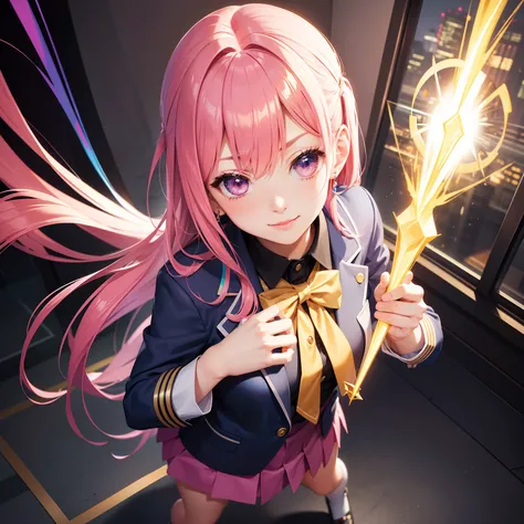 full body Esbian, masutepiece: 1.2, Highest Quality), (Live-action, elaborate details), (1 Lady, Solo, Upper body,) Clothing: Edgy, Navy Blazer, pink miniskirt, High School Uniform , Avant-garde, Experimental appearance: Long pink hair Location: School, cr...