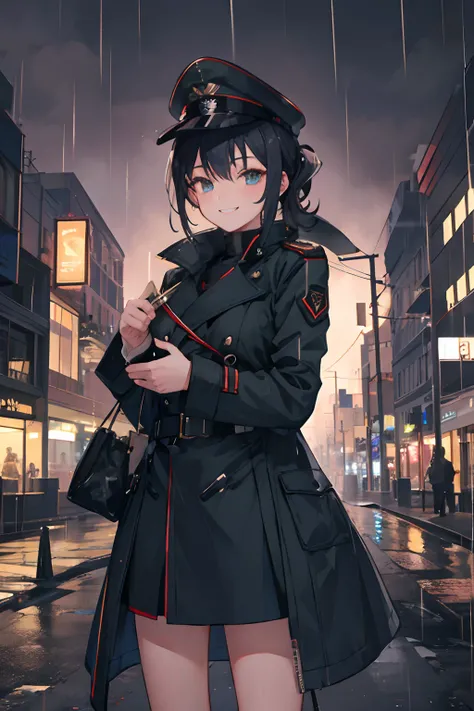 1girl,military outfit,night city,rain,coat,holding her phone, looking at viewer, smiling