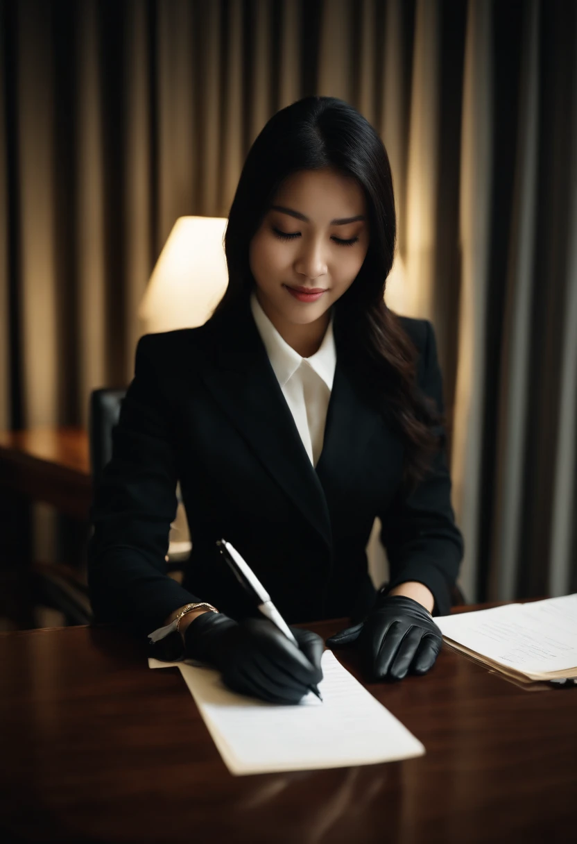 Wearing black leather gloves in both hands, upper body, black business suit, facing the desk in the modern study in the dark, looking down, smiling, writing a letter using a fountain pen, long, straight black hair, young and cute face Japanese female new e...