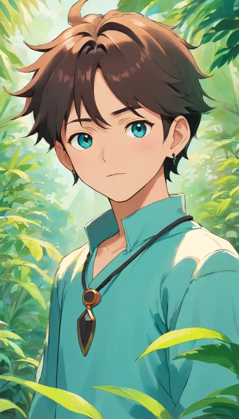 a boy wearing an anime collar, a long necklace and earrings, in the style of tranquil gardenscapes, colorful animation stills, masami teraoka, aquamarine, paul gauguin, Embry style, honest portrayal, create character design sheet, different poses, differen...