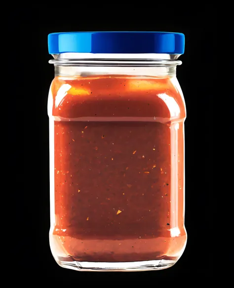 Square glass jar，There is sauce in it，Angular，Rounded，The corners are round，Same as reference image，The overall is smoother and clearer，Product renderings，Remove unnecessary details，More refined，Front view，deep dark background，high high quality，4K