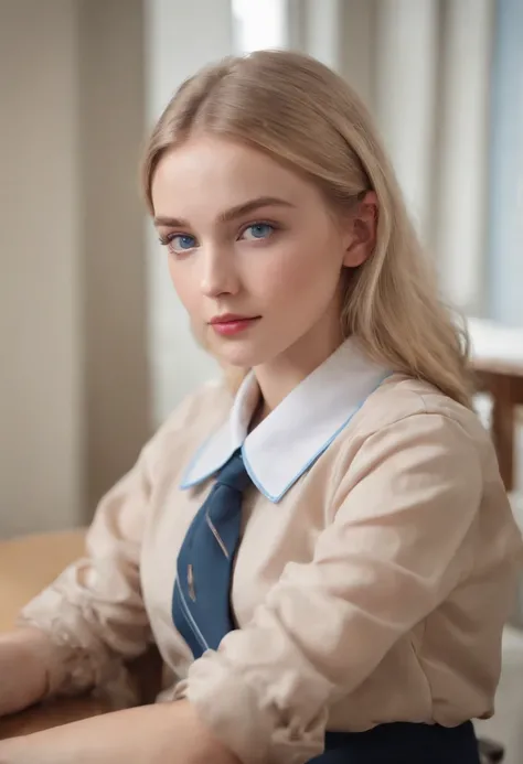 1 girl, hyperrealistic, school girl, uniform,20 years old, very beatifull,School uniform blue eyes, blonde hair, open legs,on desk, backround flue, 8k, touching legs,  teen,cowboy shot