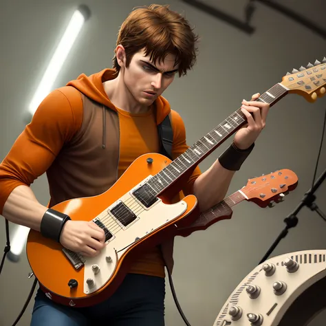 Generic superhero in uniform including mask in brown and orange playing guitar in a stadium full of fans. Best quality super realistic