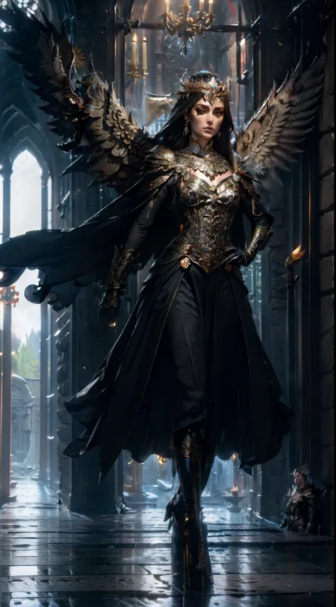 Jessica Green Gesicht, winged, Engel, ((Full-body CGInft)), Extrem detailliertes 8k-Hintergrundbild, kompliziert, detailreich, dramatisch, episch, Blondes helles Haar, the winged Albin queen wears very detailed shoulder pads made of black steel, which are ...