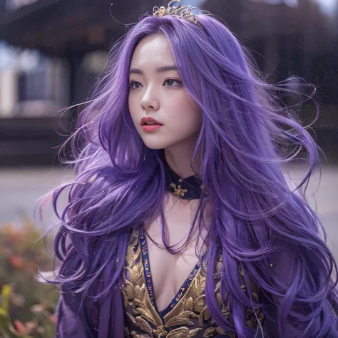 Genki Girl 32K（tmasterpiece，k hd，hyper HD，32K）Long flowing bright purple hair，Autumn Pond，zydink， a color， Asian people （Genki girl）， （Silk scarf）， Combat posture， looking at the ground， long whitr hair， Floating bright purple， Fire cloud pattern gold tiar...