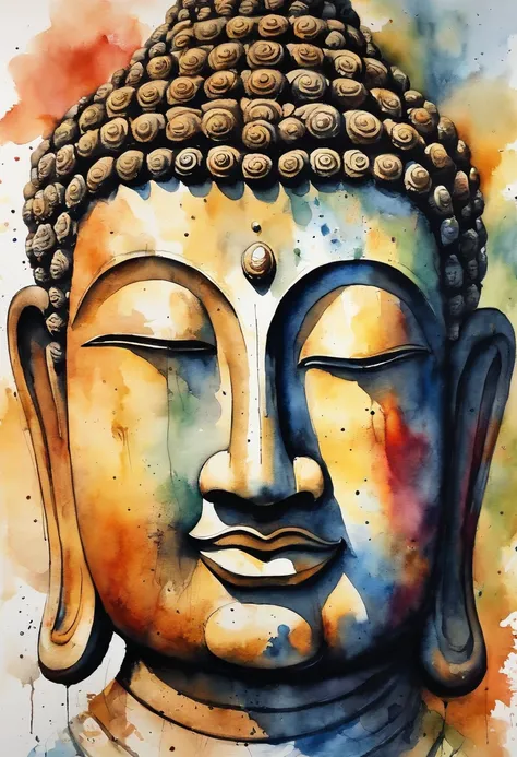 Big buddha　faces　ink and watercolor painting