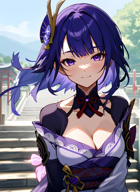 raidenshogundef，The upper part of the body，ssmile，Be red in the face，Large breasts，cleavage，In the daytime，simple backgound，blue-sky，short detailed hair，Skysky，temple，looking at viewert，stairways，mont，moody light，face to the viewer，