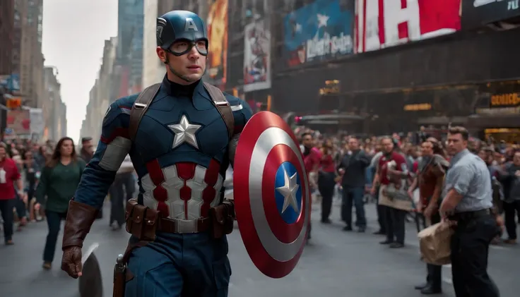 Captain America Steve Rogers stands tall and proud, his iconic shield gleaming in the bright sunlight as he walks through the bustling streets of Times Square, New York City. The towering skyscrapers and neon billboards seem to fade into the background as ...