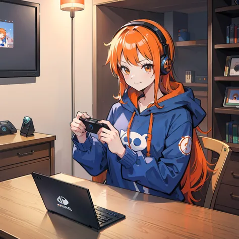 masutepiece, Fine detail, 4K, 8K, 12K, Solo, One Person, Beautiful Girl, caucasian female, Nami of one piece, Orange hair, Game Controller, Indoors, Room, Own room, a computer, Playing games, Hoodie、darkened room、headphones、A smile