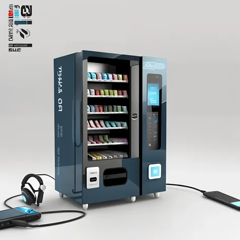 Wired headphones，charger，and other mobile phone accessory elements，or vending machines related to the sale of mobile phone supplies, accessories, etc， The panel is centered， Official product image，The upper large screen is the advertising screen，The small ...