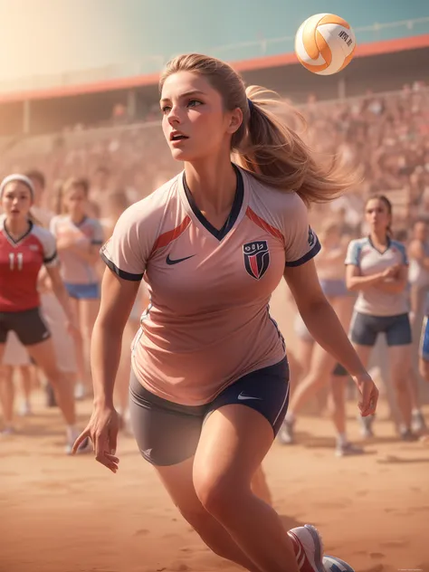 Fit, Athletic, Modern Maude Adams wears a stylish volley jersey, at volley field tournament, sweaty, energentic, detailed face, insanely detailed and intricate, volumetric lighting, spectators crowd at background, professional masterpiece photo realistic d...