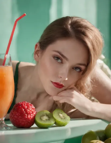 a young woman laying down in front of a table with fruit and cocktail, in the style of light red and light emerald, humorous imagery, wimmelbilder, close up