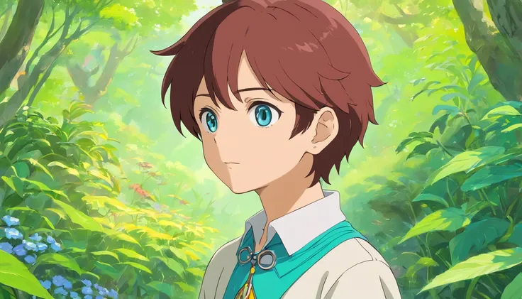 a boy wearing an anime collar, a long necklace and earrings, in the style of tranquil gardenscapes, colorful animation stills, masami teraoka, aquamarine, paul gauguin, Embry style, honest portrayal, character design sheet, different poses, different angle...