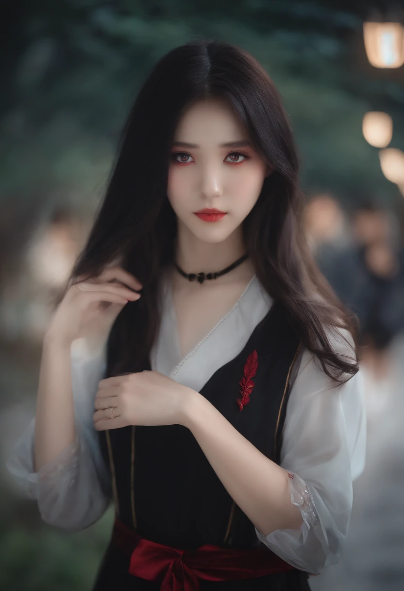 A dark-haired, Red eyes, 校服, 18year old,hi-school girl,tall, Mysterious child