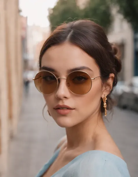 a young lady in sunglasses on a side street, in the style of y2k aesthetic, light sky-blue and light amber, eye-catching resin jewelry, extreme close up, bold gestures, muted earth tones, chicano-inspired