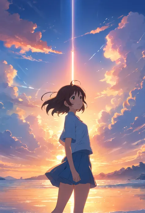 tmasterpiece，best qualtiy，cinematic Film still from，1girll，Cloud Girl，Frontal photo，Arms spread wide，ssmile，Floating in the sky，closeup cleavage，brightly，cheerfulness，Warm and soft lighting，the sunset，（spark of light：0.7）