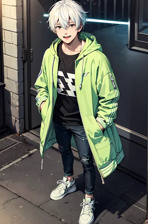 best quality,masterpiece,original,extremely detailed wallpaper,looking at viewer,1boy,solo,male,male focus, giggling,white hair,mssy hair,hair over eyes,black shirt,open jacket,light green jacket,black jeans,sneakers,standing,hood,glowing,lightning,