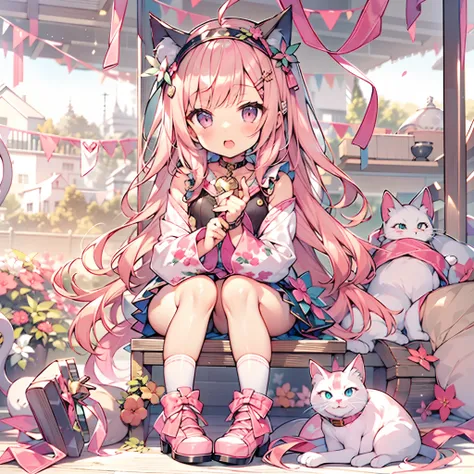 Cute girl with cat ears、Japan anime style、Moe、（full body2.0）、（1 person only 2.1）、（No background 1.8）、Authentic and highly detailed body、小柄、girl with、childish、10yaers old、length hair、bangss、A pink-haired、Authentic and highly detailed face、beautiful eyes tha...