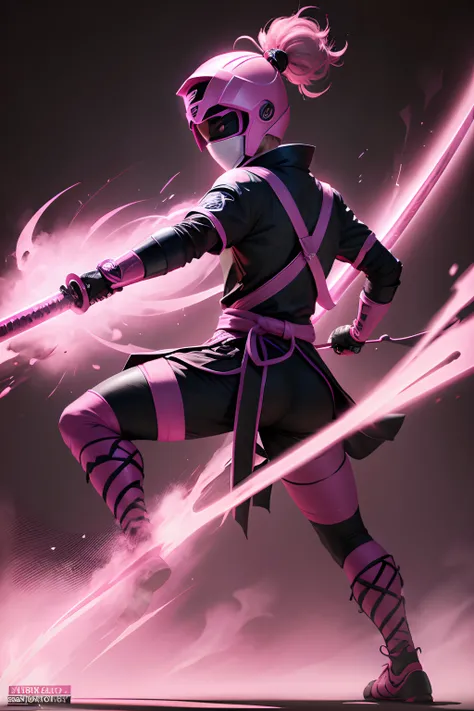 create a pink ninja power ranger, full body , black background , holding nunchaku weapon , a bit samurai theme ,