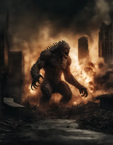 Photography of a colossal, rampaging monster wreaking havoc in a bustling city center. Towering skyscrapers crumble under its massive claws, while panicked crowds flee in terror. The monsters rough, scaly skin ripples with every movement, and its thunderou...