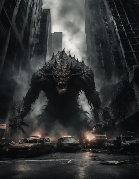 Photography of a colossal, rampaging monster wreaking havoc in a bustling city center. Towering skyscrapers crumble under its massive claws, while panicked crowds flee in terror. The monsters rough, scaly skin ripples with every movement, and its thunderou...